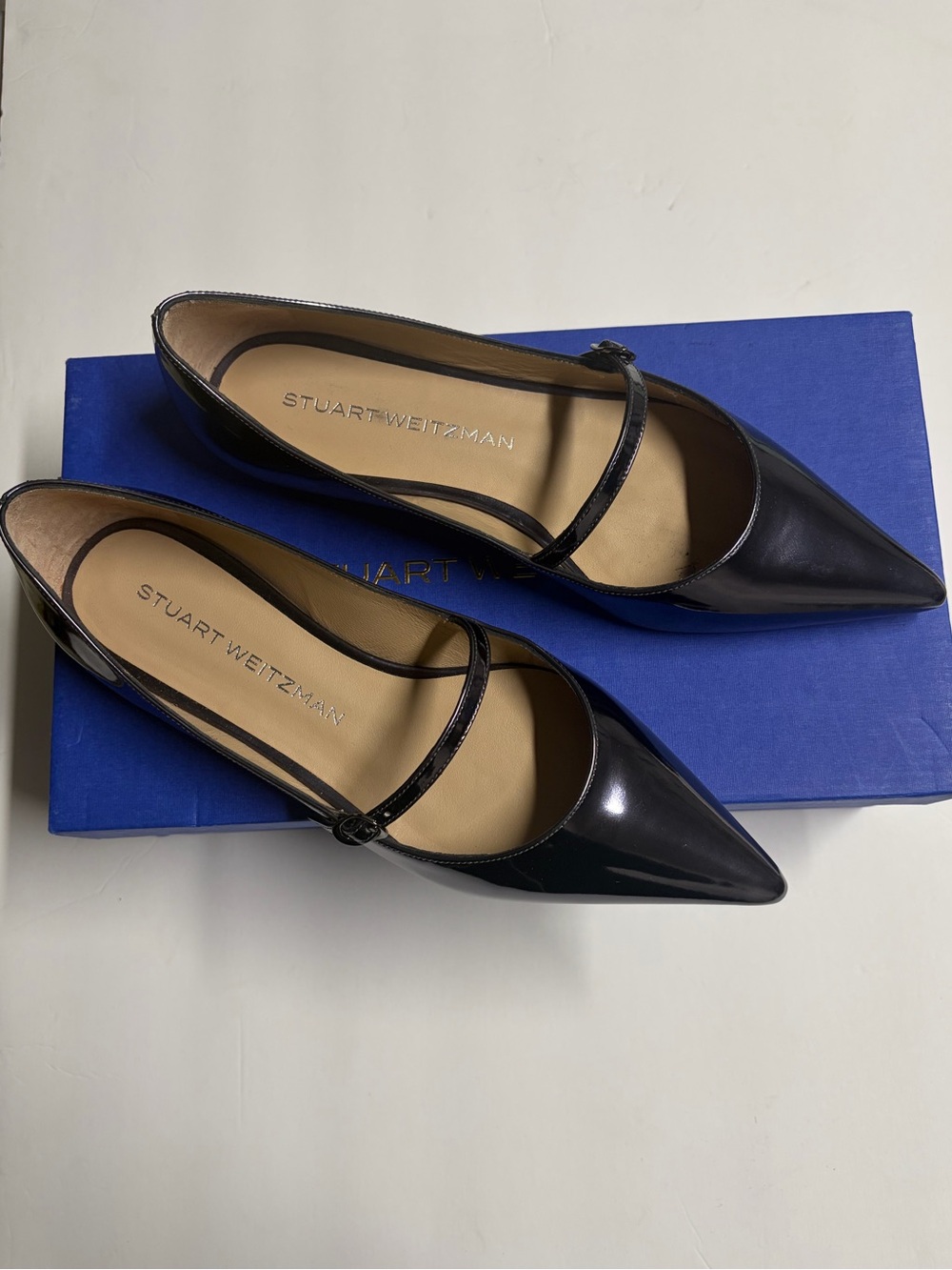 Stuart Weitzman Emilia Mary Janes Cool Gray Specchio Flats